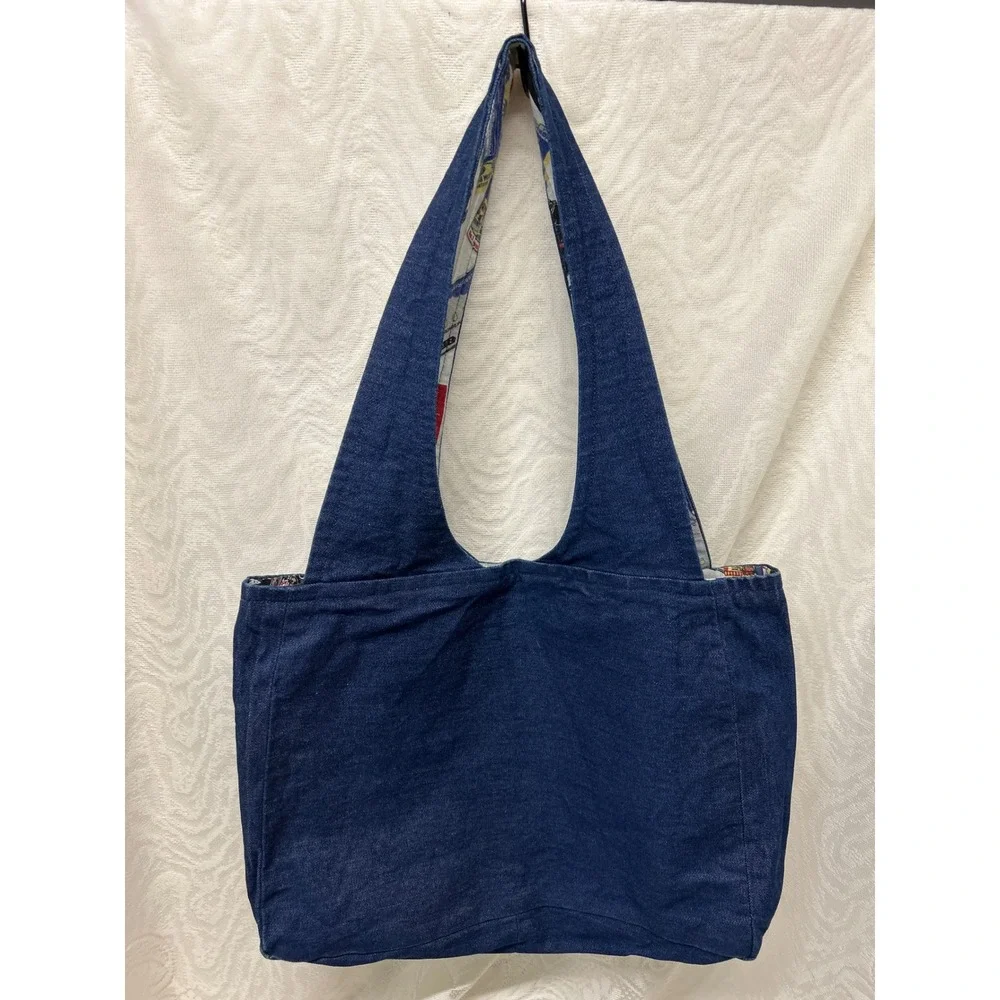 Handmade Reversible Tote‎ Bag Vintage Diner Roadside Print Denim Hobo Bucket Bag